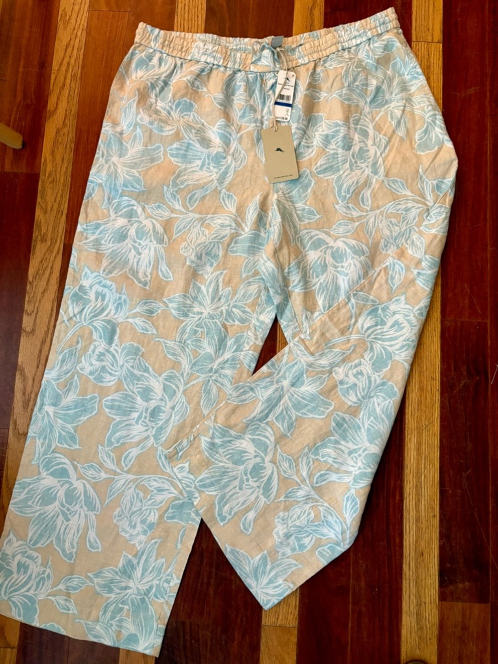 Tommy Bahama Beige Linen Blend Tropical Floral Trousers with Light Blue Print